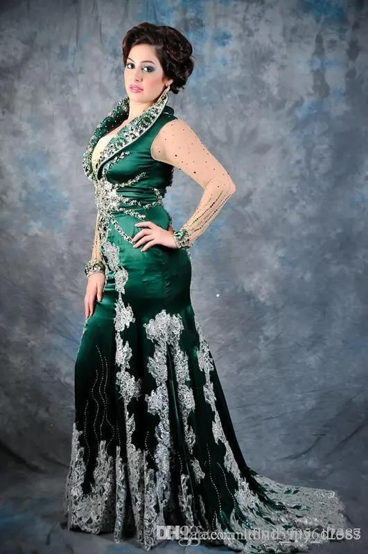 최신 디자인 인기있는 녹색 플러스 크기 인어 이브닝 드레스 긴 환상 슬리브 크리스탈 실크 모방 레이스 미인 가운 사용자 정의 크기 257