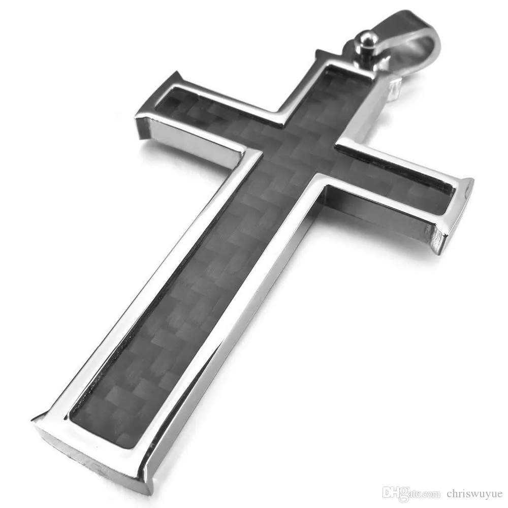 Nouveau mode haute qualité hommes en Fiber de carbone pendentif collier argent noir croix en acier inoxydable pendentif bijoux