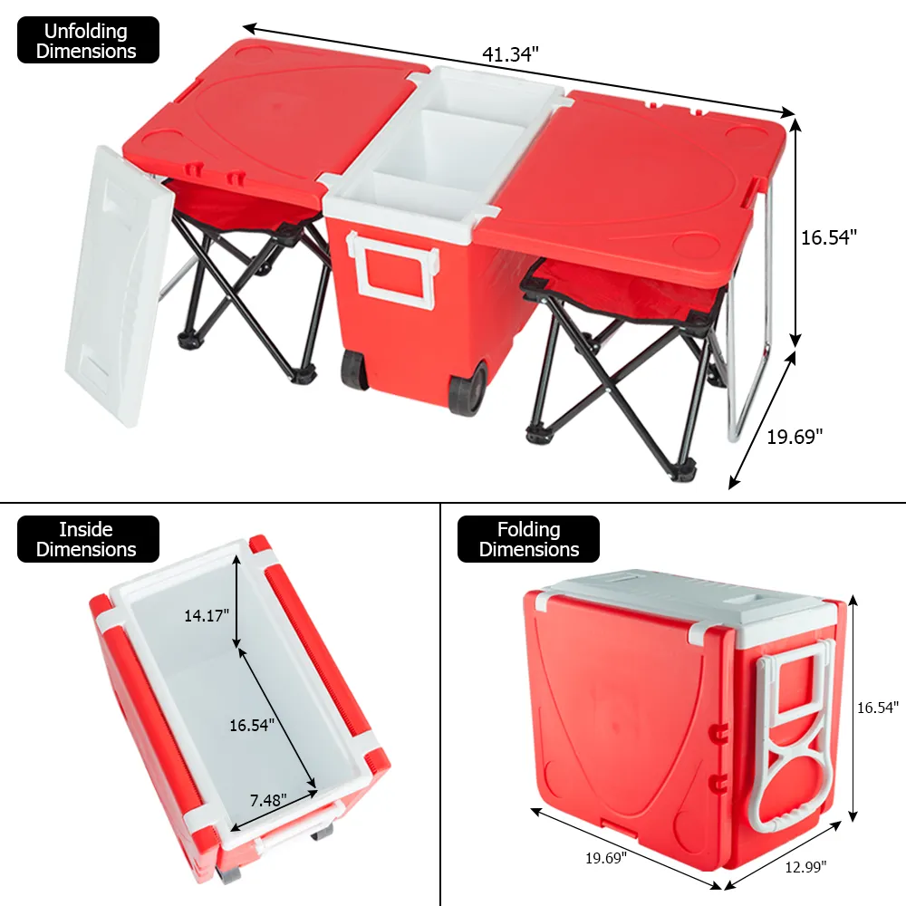 Rolling Cooler Tablo ile WACO Açık Piknik Tabure Seti, Bez Katlanabilir Tabure Taşınabilir Çıkarılabilir Balıkçılık Piknik Kamp Kırmızı Sandalyeler 2adet