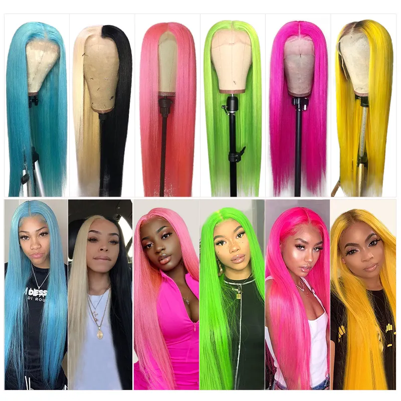 Ishow Brazilian 13*1 T Part Lace Front Wig Straight Yellow Green Remy Human Hair Wigs Pink Red Light Blue Purple Ombre Color Wigs for Women All Ages