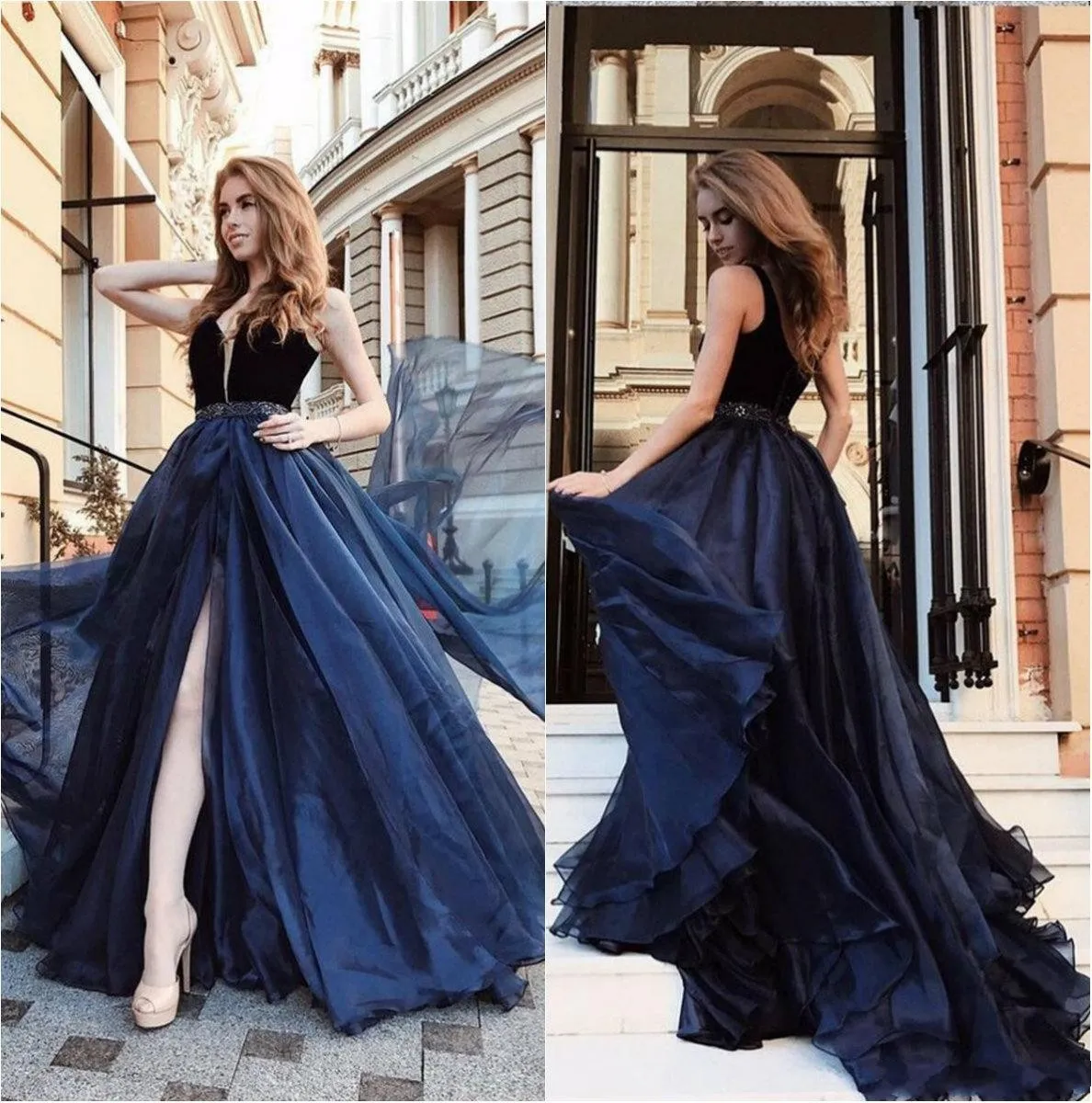Nouveau Africain Navy Blue Prom Sexy Veet Tops Organza Front Split Tulle Breded Night Robe Party Robes Femme Robes de concours