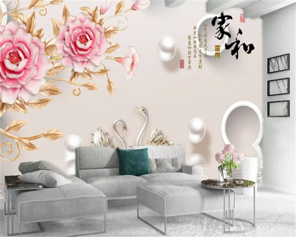 3d Wallpaper Living Room Noble Pink Peony Pearl Swan Lake Custom Beautiful Romantic Interior Decoration Wallpaper