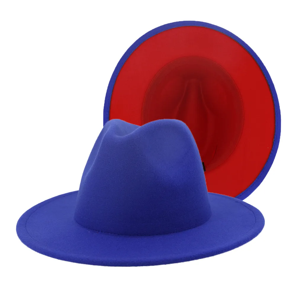 2020 neue Royal Blau Rot Patchwork Faux Wollfilz Fedora Hüte mit Dünnen Gürtel Schnalle Männer Frauen Große Krempe Panama trilby Jazz Cap