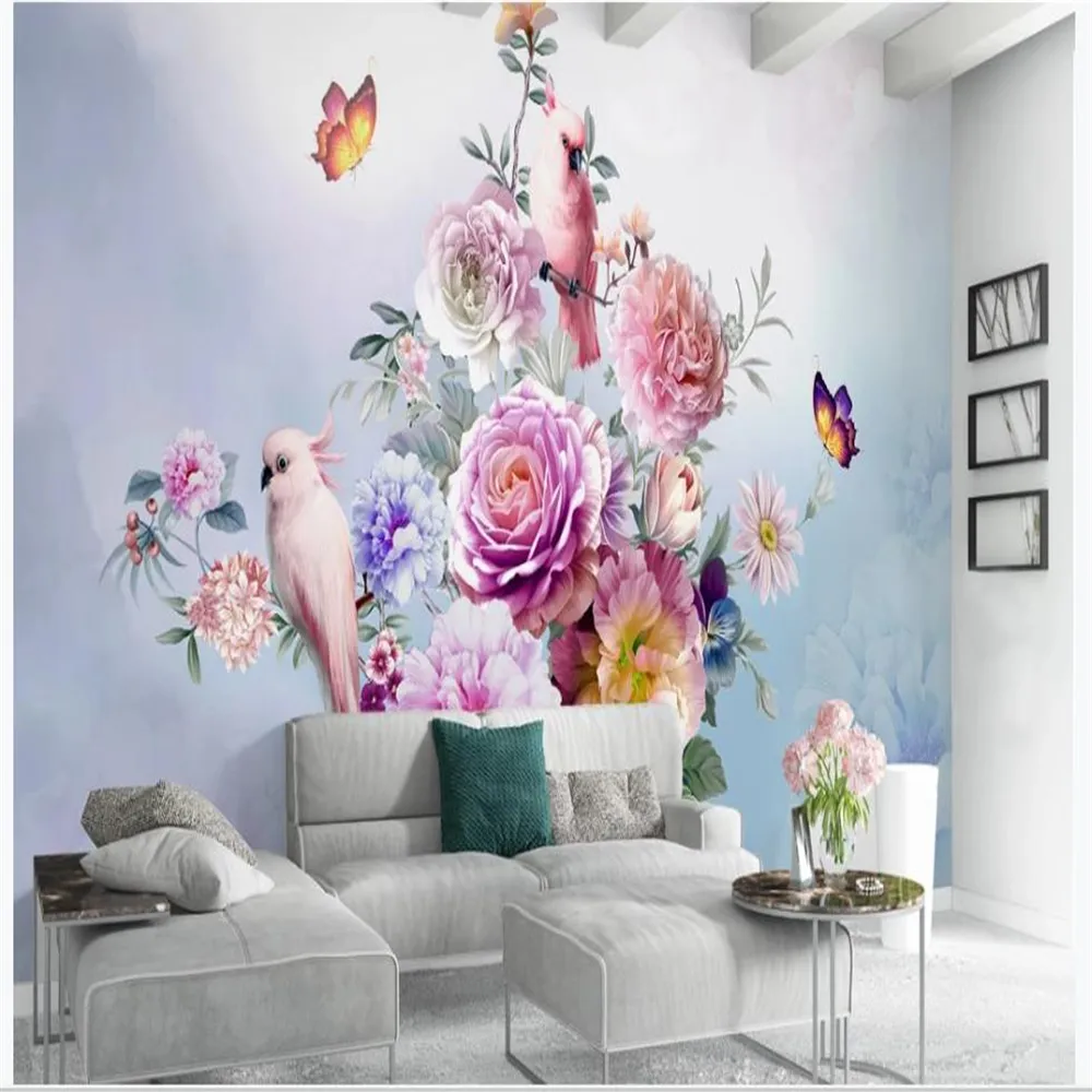 3D Wandbilder Tapete für Wohnzimmer Hand retro gemalt Rose Tapeten Fernsehhintergrundwand