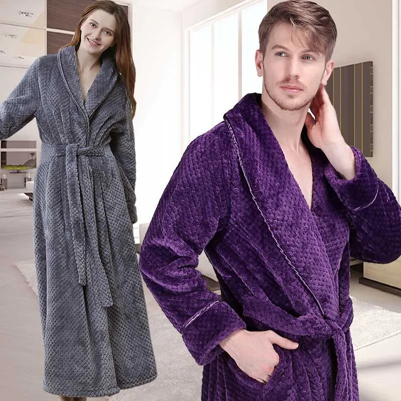 Vrouwen mannen winter extra lange warme badjas luxe dikke raster flanel badjas zachte thermische kamerjas sexy bruidsmeisje gewaden