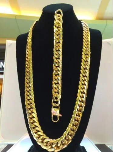 SOLID 14K YELLOW GOLD FINISH STAINLESS STEEL MIAMI CUBAN LINK CHAIN & BRACELET260k