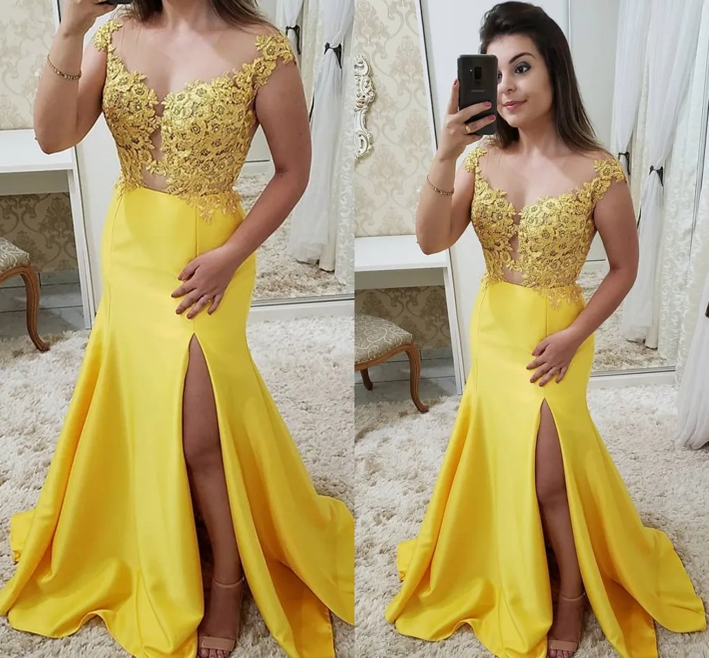 Floral Lace Applique Pérolas Amarelo Prom Vestido de Noite Vestidos de Sereia Sheer Decote Tampão Da Luva Formal Elegante Vestido de Noite Side Dividir