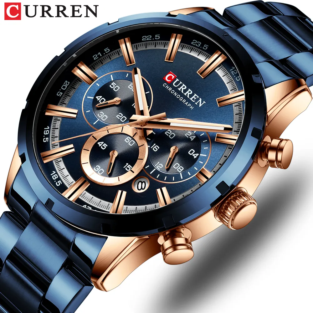 Curren New Fashion Mens Watches avec en acier inoxydable Top Brand Luxury Sports Chronograph Quartz Watch Men Relogio Masculino