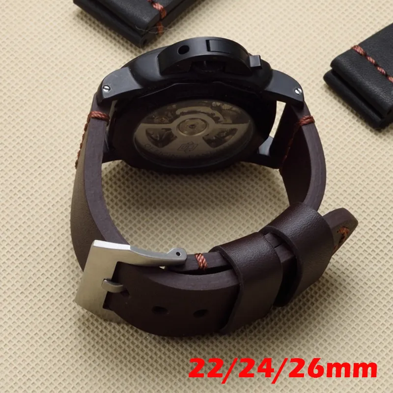 Bruin zwart 22 mm 24 mm 26 mm Vintage dikke echte lederen band Watchband vervangen PAM PAM111 Big Watch -polsband329y