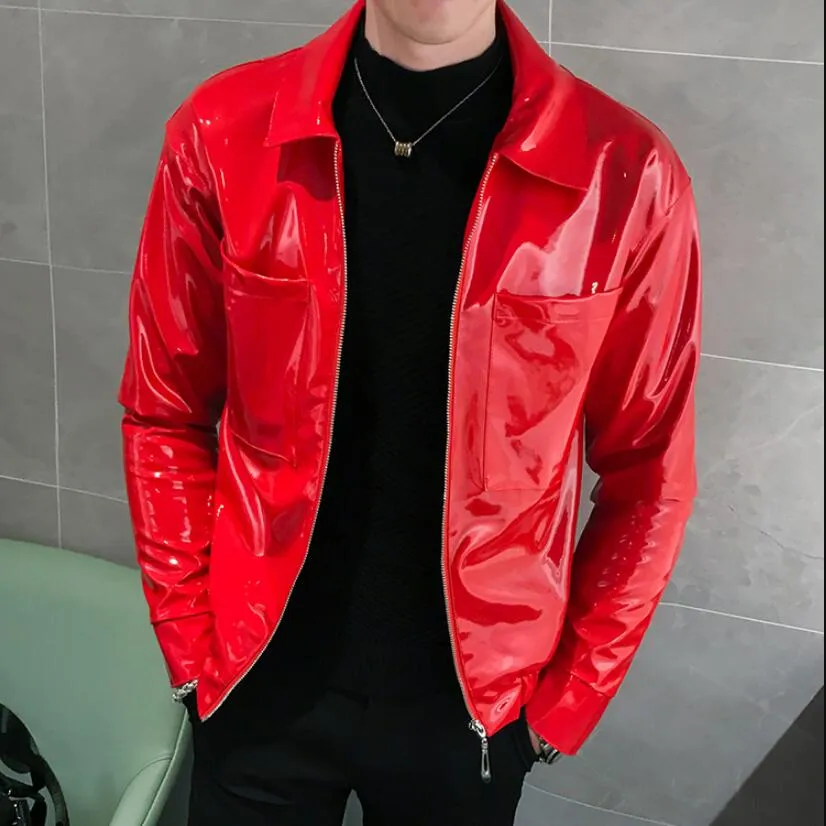 Rot Schwarz Kaffee Lederjacke Shinny Herren Jacken Und Mäntel Jaqueta Masculino Bühne Kleidung Für Sänger Club Party Jacke Mann