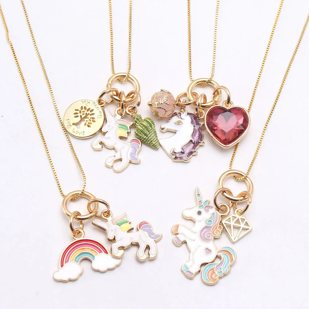 Fashion Jewelry Rainbow Heart Starfish Pendants Necklace Kids Girls Charming Pendant Long Chain Necklaces Cute Child M1449