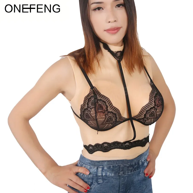 ONEFENG 2019 nuevo ST-4 pseudo-madre travesti cuello alto pecho de silicona pezón Invisible falso suministros femeninos pechos postizos