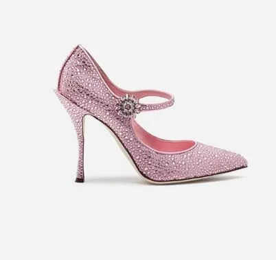 핑크 초호화 크리스털 하이힐 웨딩 신발 섹시한 지적 발가락 여성 펌프 앵클 스트랩 스틸레토 힐 여성 신발