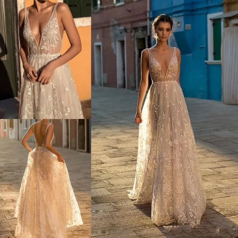 Gali Karten 2020 A Line Boho Wedding Dresses Bohemia Deep V Neck Lace Approfed Backless Tulleの床の長さをビーズブライダルGO1887