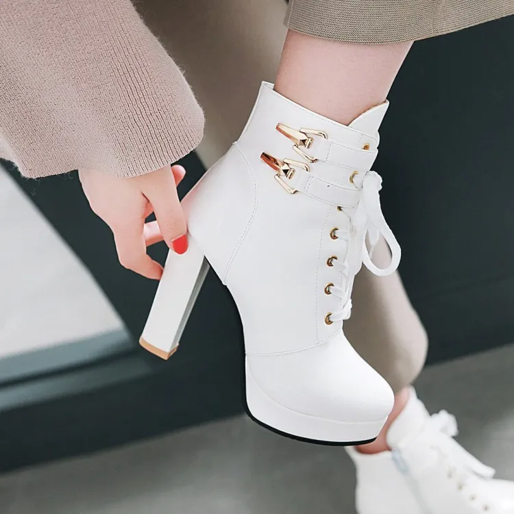 Plus Size 33 34 To 40 41 42 43 Bridal Wedding Shoes White PU Leather Ankle Boots Platform Thick High Heels Knight Boot229J