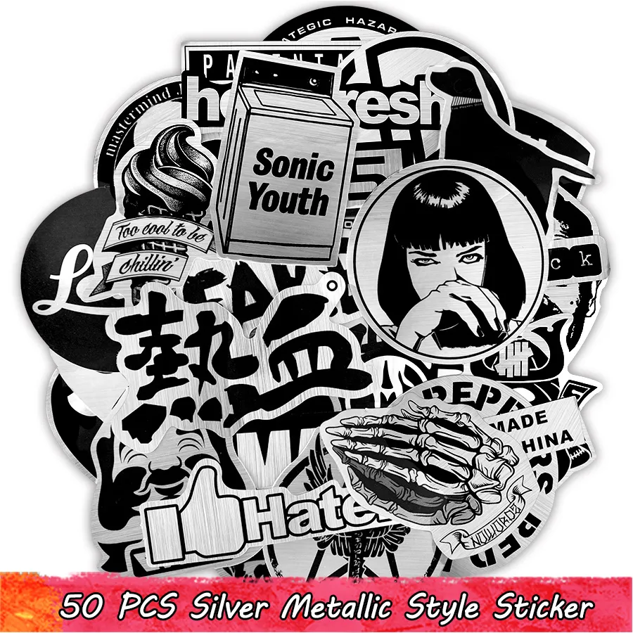 50 PCS Autocollant de style métallique Autocollant noir et blanc pour adolescents adultes à bricolage réfrigérateur ordinateur portable téléphone bouteille d'eau skateboard vélo
