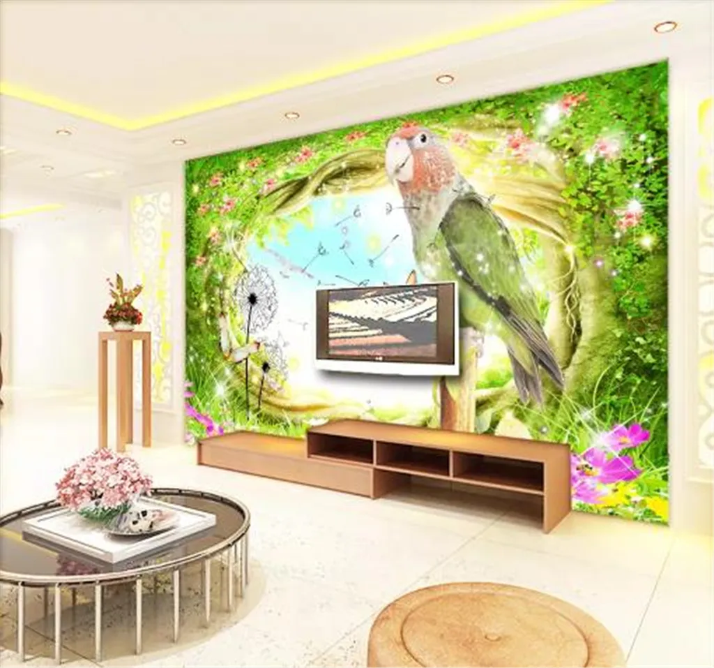 Papier peint 3d paysage vert extérieur, trou d'arbre, illustration d'oiseau de fleur, décoration de maison, revêtement mural de salon