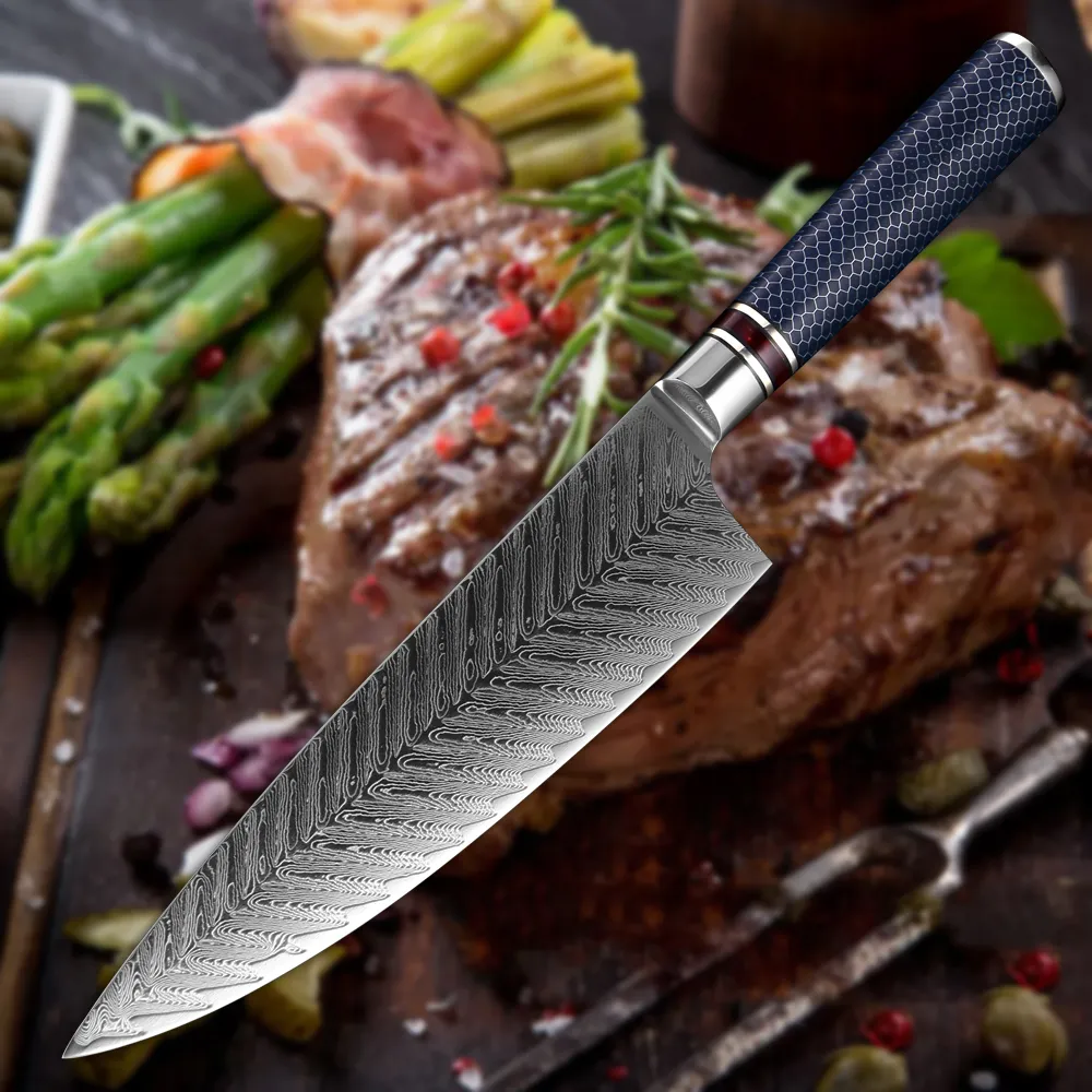 Kockkniv Damaskus stål 8,5 tum professionell japansk kökskniv Sharp Gyutou Kiritsuke Utility Resin Honeycomb Hantera matlagningsverktyg