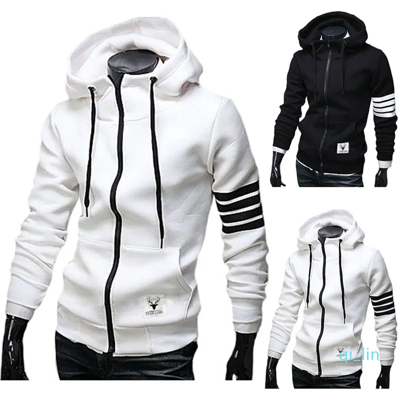 Partihandel -Men Hoodies Sweatshirt Casual Male Hooded Jacka Långärmad Slim Design Mens Zipper Hoodie Svart / Vit Färg med ficka