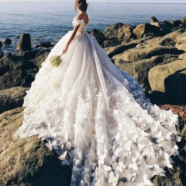 Beach Ball Gown Bröllop Klänningar Av Skulder Fjäril 3D Appliques Brudklänningar Baklösa Sweep Train Puffy Wedding Dress