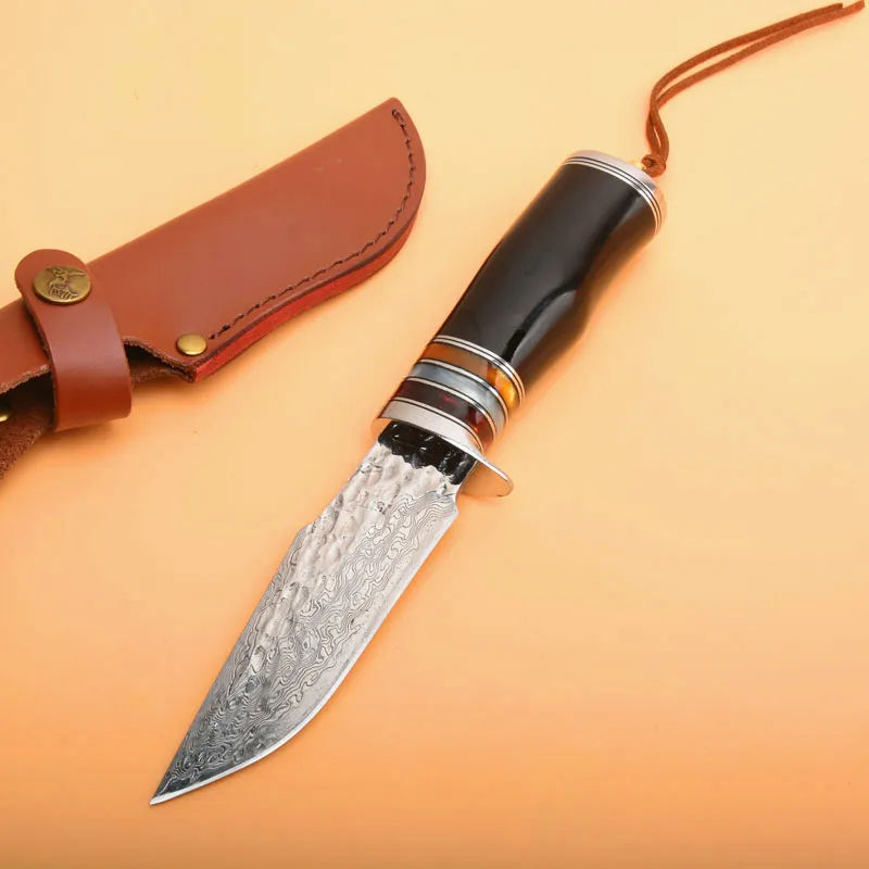 Specialerbjudanden utomhus överlevnad rakt jaktkniv vg10 damaskus stål dropppunkt blad ebenholt handtag fasta blad knivar