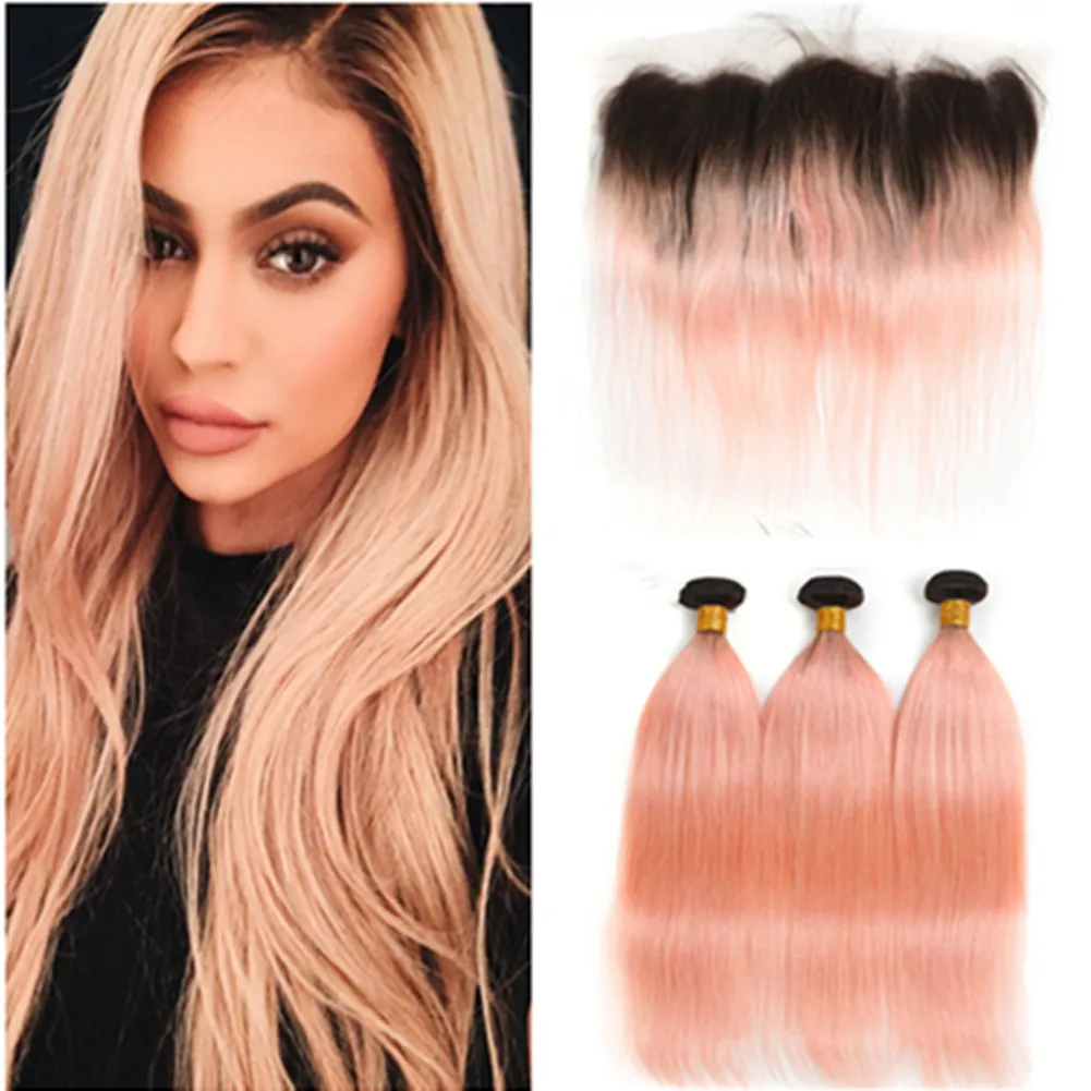 Capelli umani Ombre rosa rosa 3 pacchi con frontale dritto # 1B / Rosa Ombre capelli peruviani con pizzo frontale 13x4 Ombre trame di tessuto in oro rosa