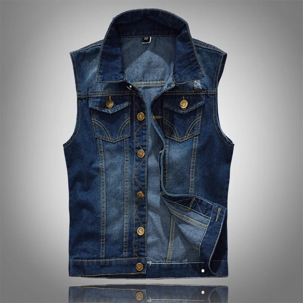 Coton Jeans Veste Sans Manches Gilet Hommes Grande Taille 5XL Bleu Foncé Denim Jeans Gilet Mâle Cowboy Extérieur Gilet Hommes Vestes