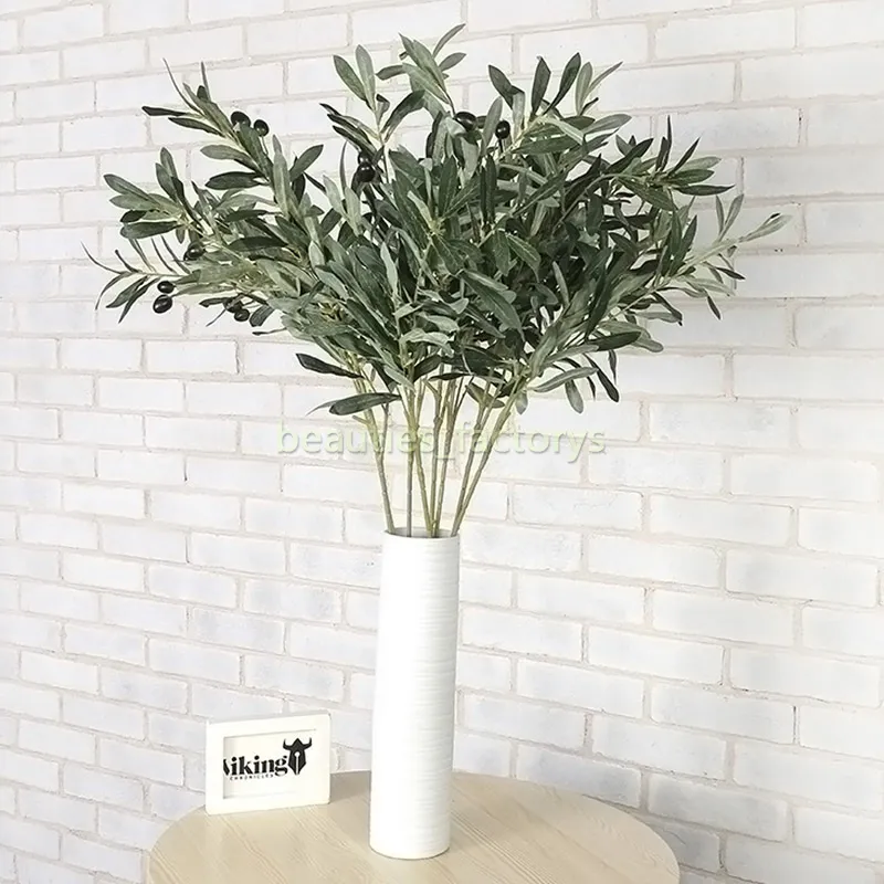 6pcs Artificial Vivid Olive Plants Branch Green Leaves 4 Branches Greenery Home Decor Plants Wreath Total Length 77cm