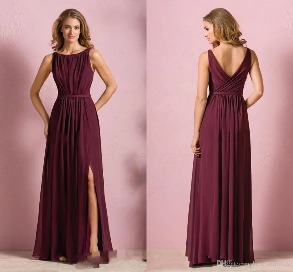 Sexy Elegant Wine Red Chiffon Long Beach Bridesmaid Dresses Wedding Party Dress For Women Maid Of Honor Dresses With Split Jewel Neck HY165