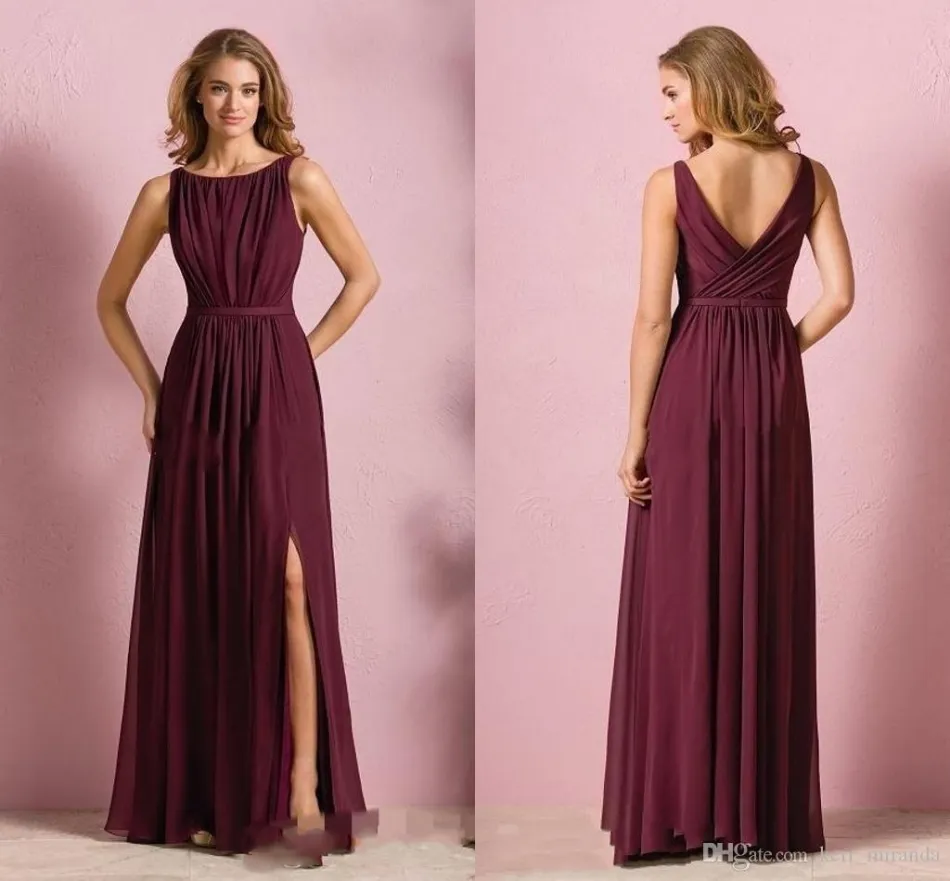 Sexy Vinho Elegante Vermelho Chiffon Long Beach Damas de dama de noiva Vestido de festa de casamento para mulheres Madden Honor Vestres com Jóia de Jóia Dividida Hy165