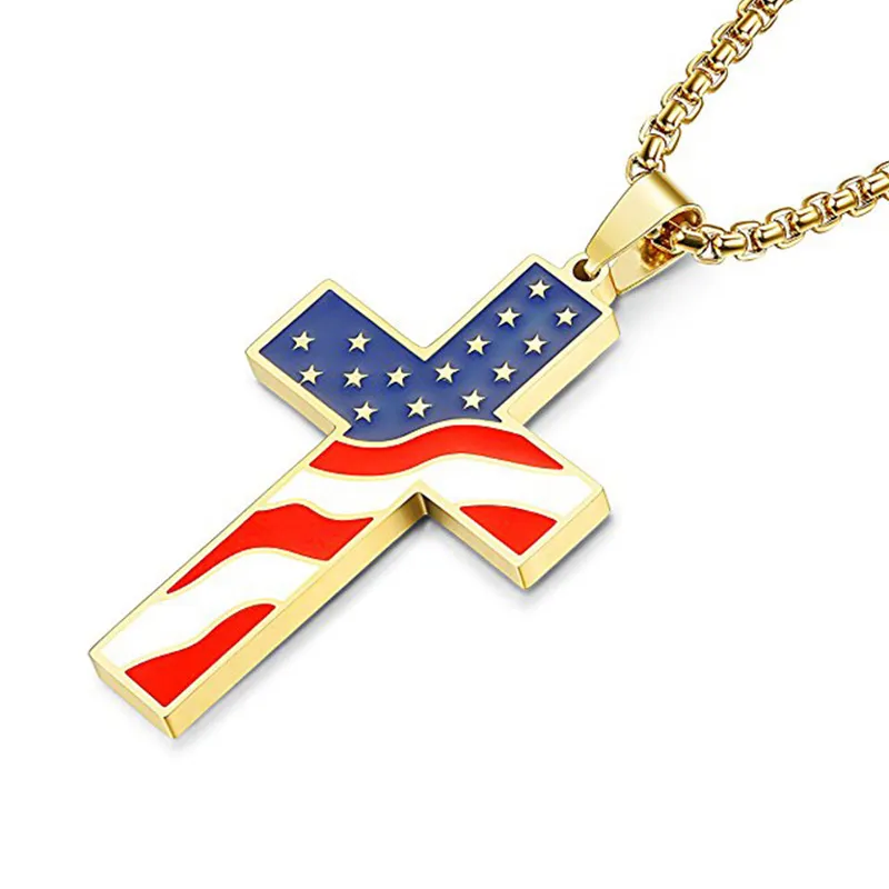 American Flag Necklace Stainless Steel Cross Pendant Necklaces Patriotic Jewelry Religious USA Gold Silver Heavy Chain