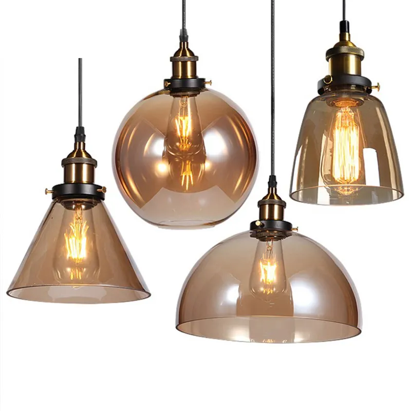 Vintage Plug-In Pendant Light Fixture With Amber Glass Shade - Adjustable Cord For Kitchen Island, Dining Room