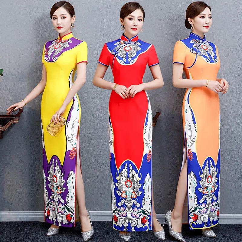 Chiński styl damskie eleganckie qipao sexy slim cheongsam party sukienka vintage odzież orientalna z krótkim rękawem długi szata retro vestidos