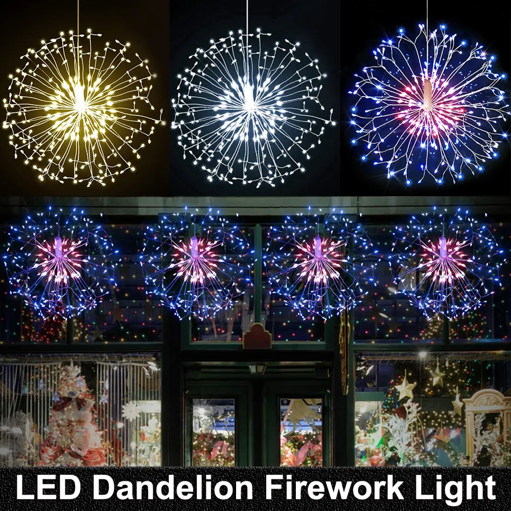 120/198 LED's String Lights Afstandsbediening Waterdichte Paardebloem Vuurwerk LED Koperdraad String Lights Christmas Firework Fairy Lights