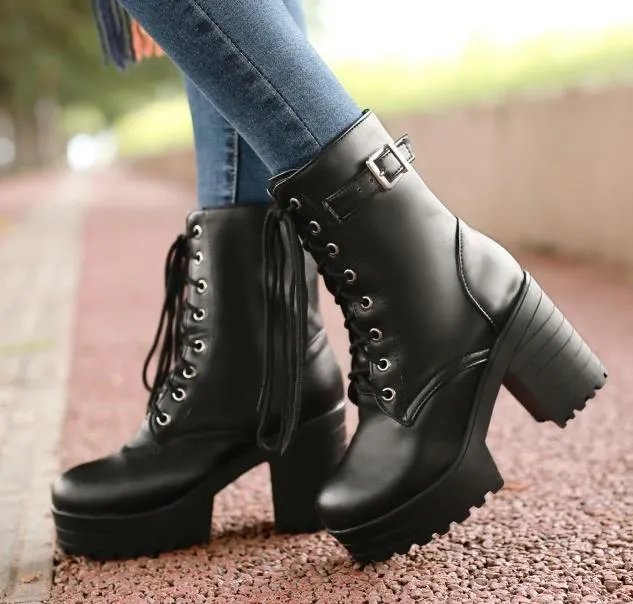 Fashion Female Women Martin Lace Up Ankle Boots Black White Boots Ultra Very High Heel Bootie Block Chunky Heel size 34405443760