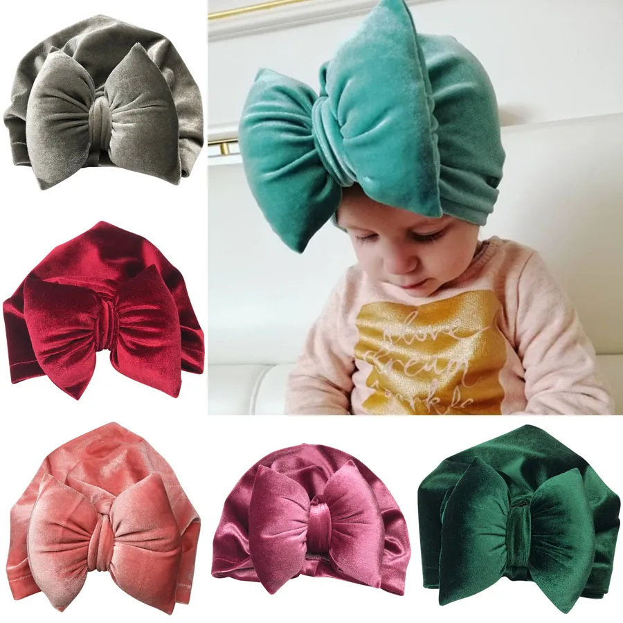 Europa Spädbarn Baby Girls Hat Big Bowknot Pleuche Headwear Child Toddler Kids Beanies Turban Mössor Barn Knot Hatt 9 Färger 15292