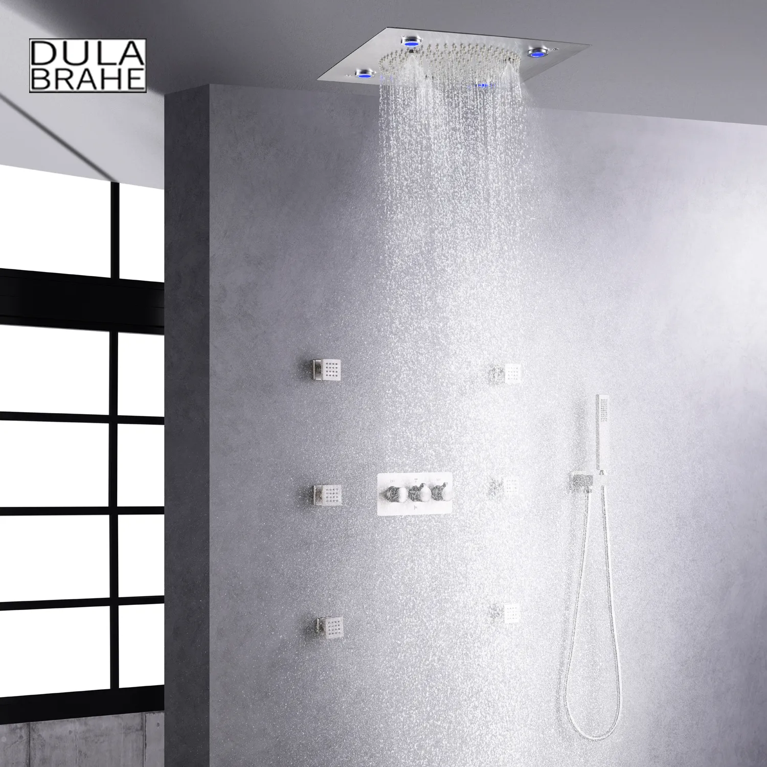 DULABRAHE Bathroom Shower Faucet Set Ceil Mounted 12 Inch LED Rain Shower Head Spa Bath Mixer Body Massage Combo System