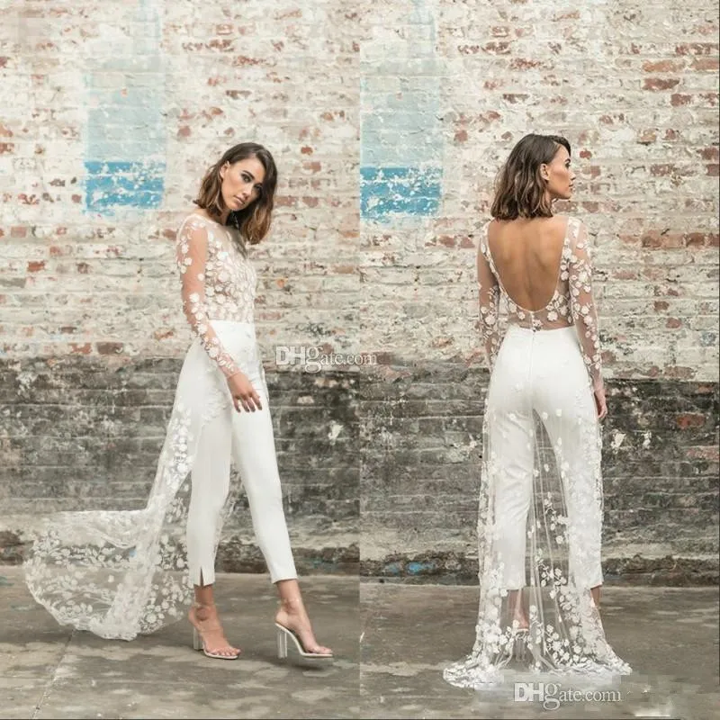 Abiti da sposa da spiaggia con tuta di design, collo gioiello, maniche lunghe, senza schienale, lunghezza alla caviglia, abito da sposa, abiti da sposa estivi in pizzo