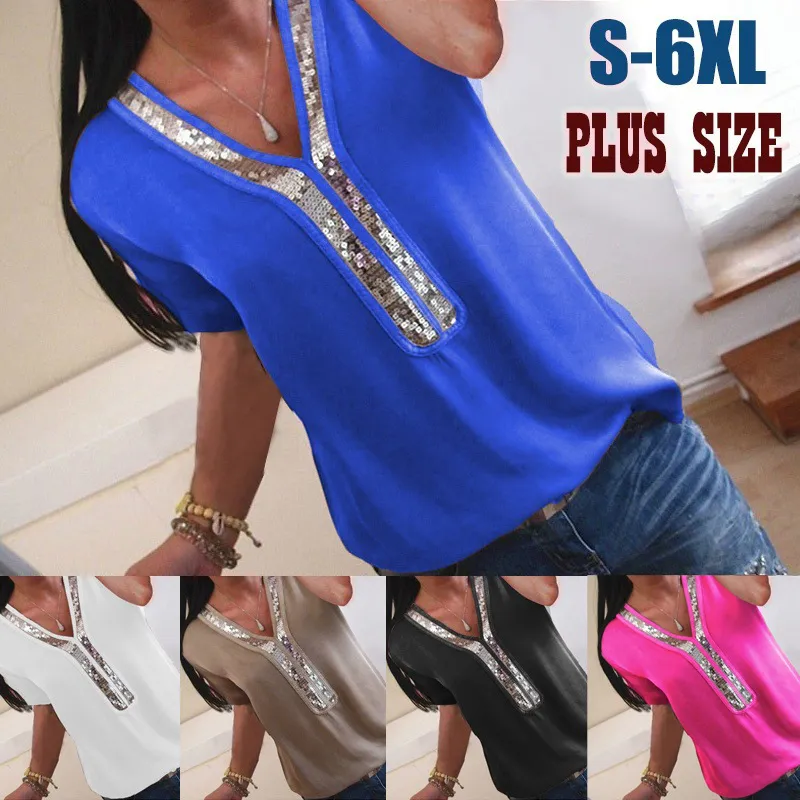 Explosiones de primavera y verano Costuras de color sólido Vneck Camiseta para mujer Sequins Shortsleeved Camisa Top de gran tamaño