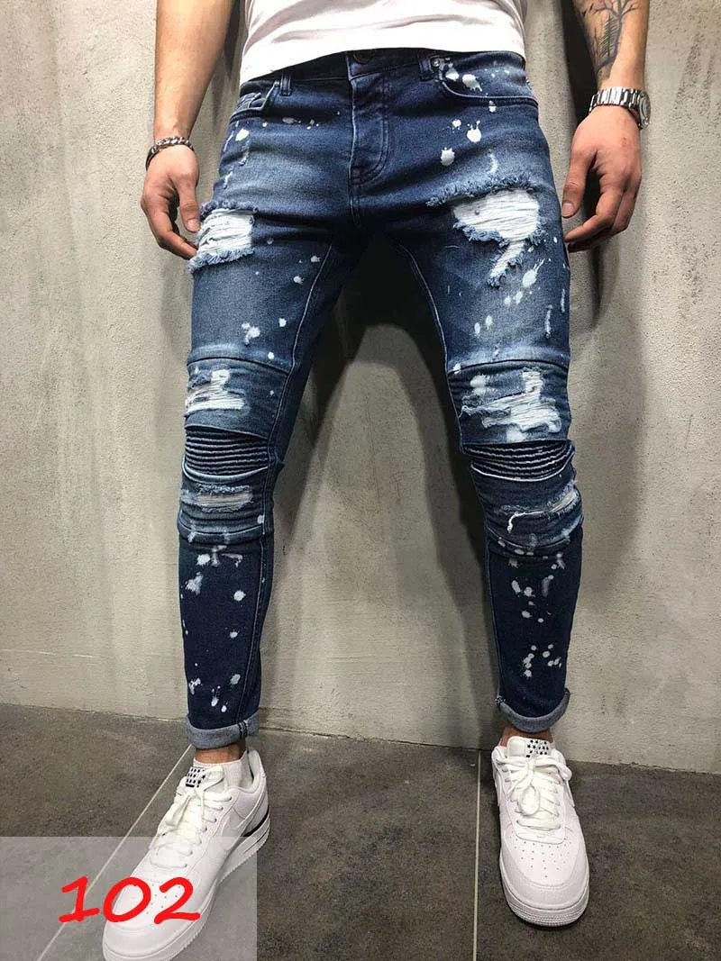 New Mens Skinny jeans Casual Slim Biker Jeans Denim Knee Hole hiphop Ripped Pants Washed High quality 
