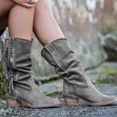 Autumn Bohemian Boots Women Quality Ethnic Tassel Fringe Faux Suede Boot Winter Square Heel Shoes Women Booties Hot sale