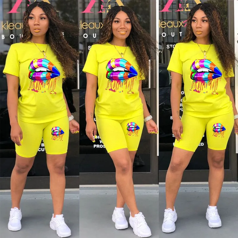 Plus Size Lip Print Two Piece Set For Women Short Sleeve Top And Women In Biker Shorts For Summer Lounge Wear And Sweat Suit Outfits By ZOOEFFBB From Caicloth 22.79 DHgate.Com