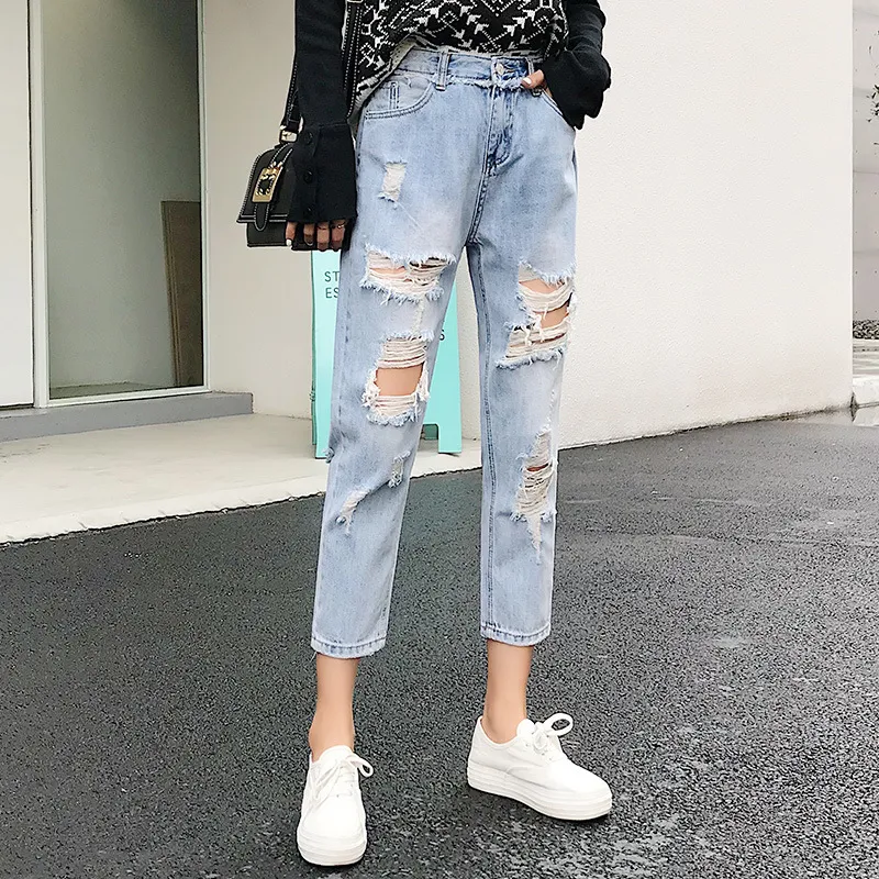 Ripped Jeans For Women Blue Loose Vintage Female Fashion High Waist Style Baggy Mom Pants Casual Spring