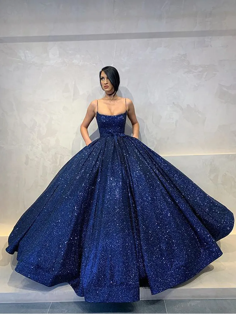 Long Quinceanera Dresses 2020 Puffy Ball Gown Spaghetti Strap Navy Blue Arabic Dubai Women Formal Party Gowns With Pockets