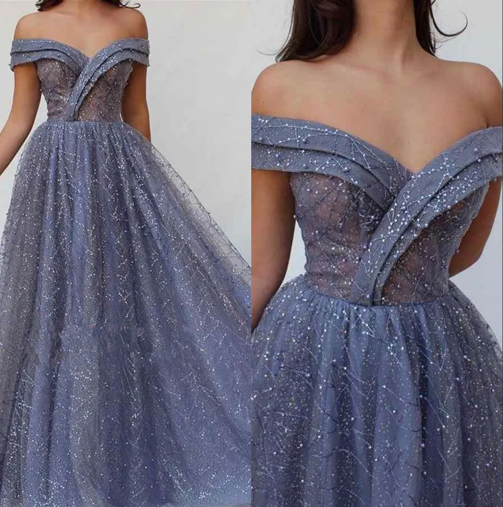 Elegante Fora Do Laço Do Ombro Uma Linha De Vestidos De Noite 2019 Ruched Laço Frisado Até O Chão Formal Do Partido Vestidos De Baile BC1605