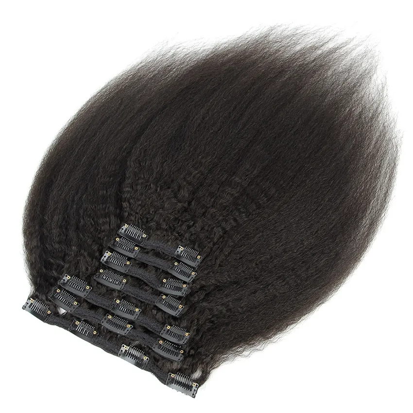 9 класс зажим в человеческом волосе Kinky Straight бразильского перуанском малайзийском индийском монгольского 7pcs Virgin волос / комплект 120g Natural Color