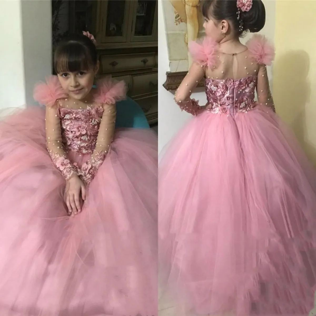 Rosa Ballkleid Kleinkind Mädchen Pageant Kleider für Teenager 2020 Lange Ärmel Perlen Günstige kleine Kinder Blume Mädchen Kleider für Hochzeiten