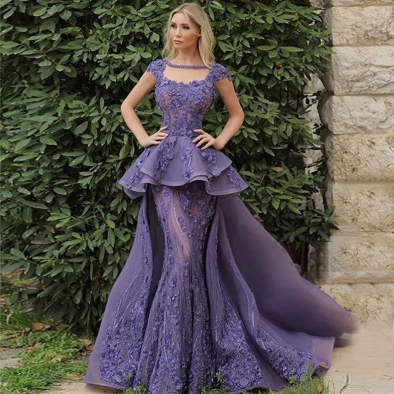 Lavendel sjöjungfru peplum prom klänningar sheer bateau nacke pärla spets kväll klänningar plus storlek övervakirt organza formell klänning