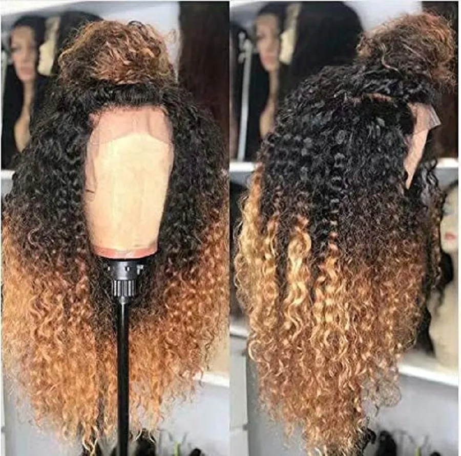 1b / 27 djupa del 13 * 6 Ombre Brasilian Curly Lace Front Human Hair Wigs Preplucked Natural Hairline Remy Hace Lace Paryk för kvinnor