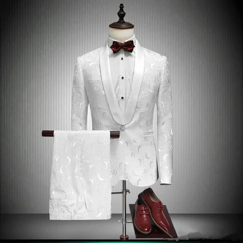 Vit tryckta män passar vit middag Tuxedos Sjal Lapel Groomsman Prom Party Wedding Suits Mäns Blazers (Jacka + Byxor + Vest)